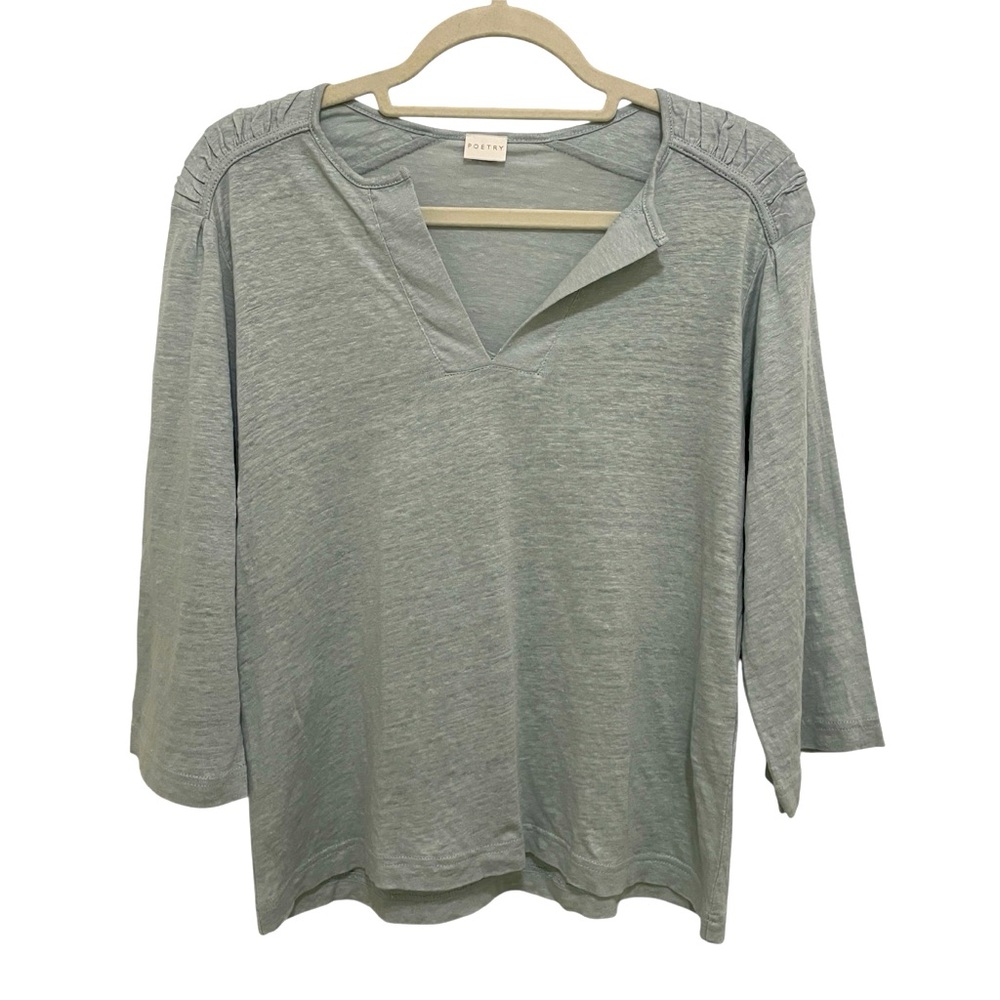 Poetry Popover Linen Top Womens Size 4  Gray 3/4 Sleeve Relaxed Casual Fit